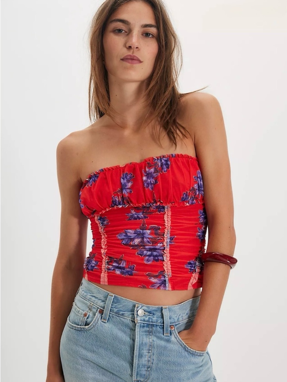 Free People Scottie Printed Strapless Red Floral Ruched Tube Top